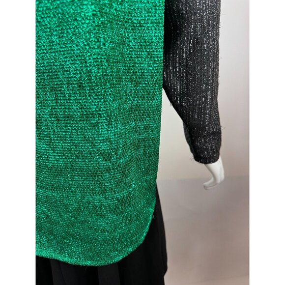 Vintage Green & Black Metallic Knit Long-Sleeve Top With Tie-Neck Detail - Picture 5 of 16